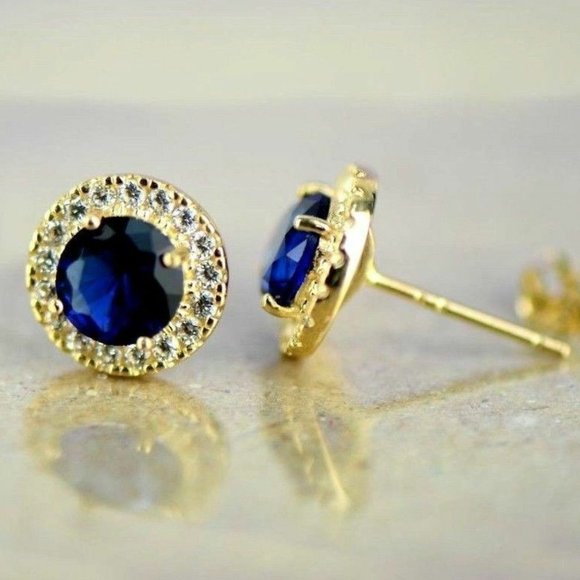 Solid 14K Yellow Gold Round Halo Push Back Earrings with Sparkling Birthstone - Picture 10 of 15